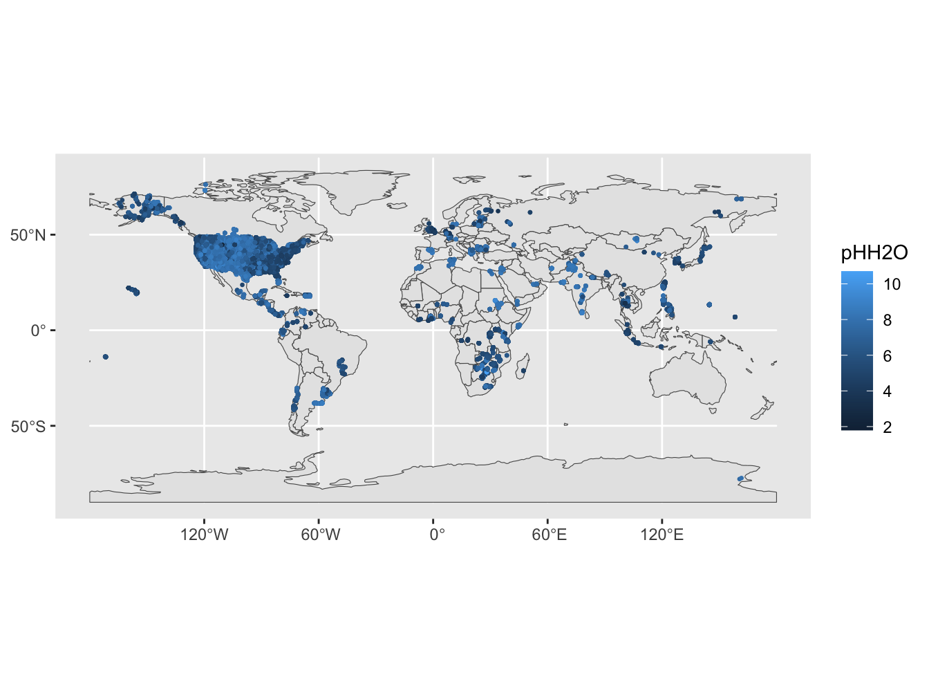 Map met WoSIS pHH2O metingen (geselecteerde locaties)